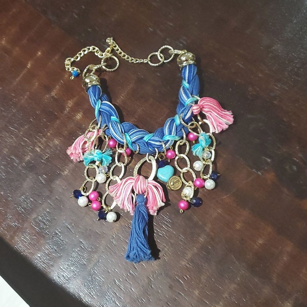 Artistic Multicolor Necklace with Gold Accents Frida Kahlo Face Braid Beads - Picture 5 of 5